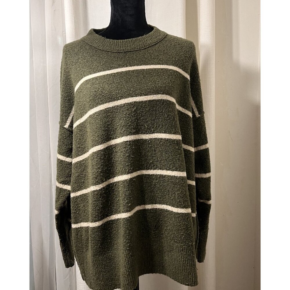 Aerie Medium Oversized Olive Green Cream Striped Crewneck